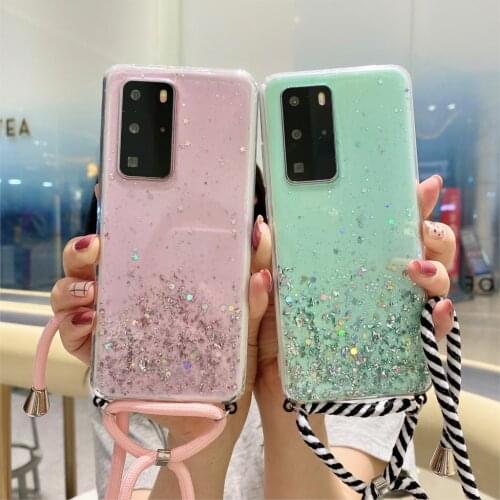 Shining Glitter Stars Sequins Clear Case for Huawei P9 P10 Plus P20 P30 P40 Pro P Smart 2020 Epoxy Hanging Rope Soft TPU Cover