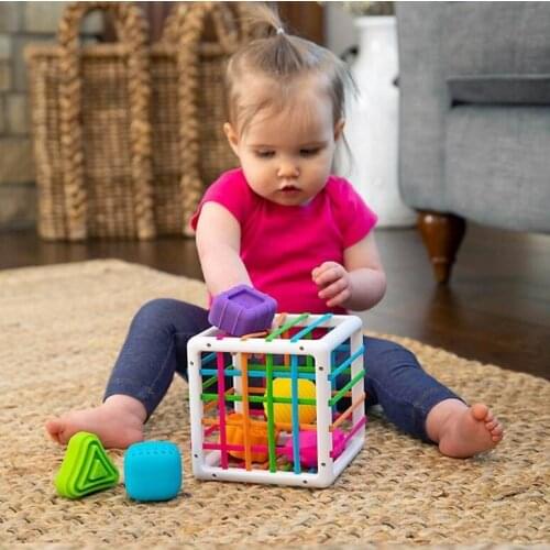Big Blocks Cube Box Bin Toy With Elastic Bands Chunky Shape Colorful Sorter Shapes Sorting Matching Montessori Educational Toy
