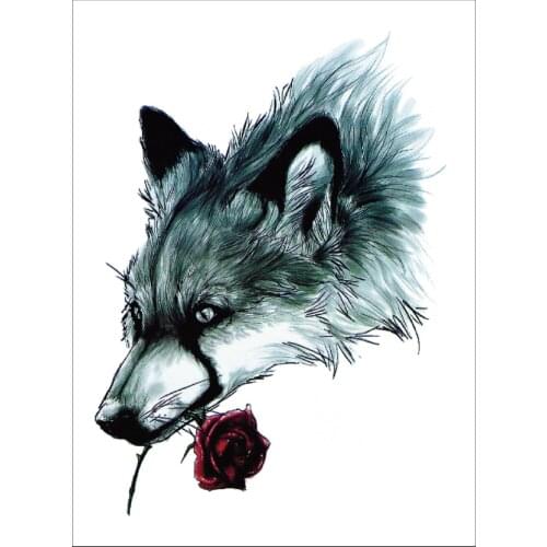 Wolf with A Red Rose Flower Fake Tattoo Stickes for Men Women Arm Body Art Tatuajes Temporales Waterproof Temporary Tattos