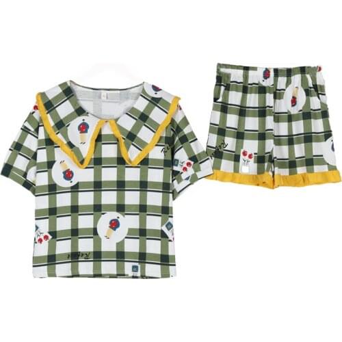 Sweet Summer Plaid Pajama Sets for Women Full Pure Cotton Sleepwear Young Girls Short Sleeve Sexy Lingerie Two Piece Set M-XXL