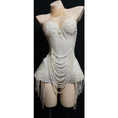 Fashion White Pearls Beading Bodysuit Jazz Dance Outfit Evening Stage Show Costume Prom Birthday Bar Women Singer Clothes