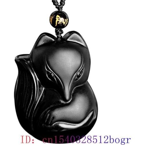 Obsidian Fox Pendant Men Women Accessories Carved Fashion Necklace Jewelry Black Natural Amulet Jade