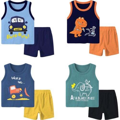 Summer Kids Clothing Set Sleeveless T-shirt Shorts 2PC Outfits Childs Cartoon Print Cotton Childrens Clothing Set Casual Beach