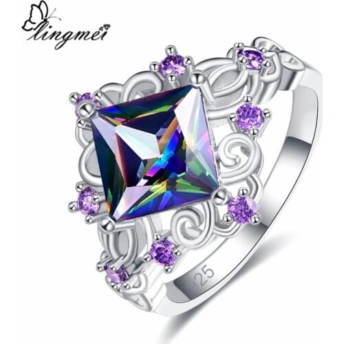 Lingmei Wedding Princess Cut Rainbow & Blue & White & Purple Cubic Zircon Silver Color JewelryRing Size 6-9 Engagement