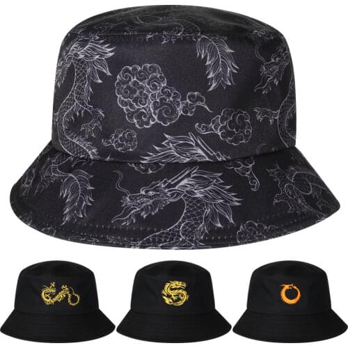 Fashion Punk Black Fisherman Caps Cartoon Outdoor Vacation Dragon Bucket Hats Unisex Hip Hop Hats Camping Hiking Accessories