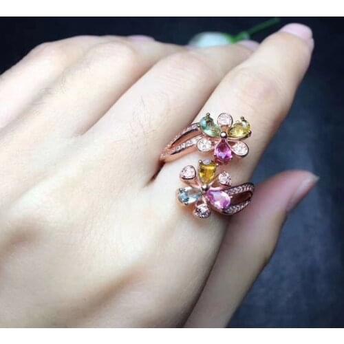 Fashion flowers Adjustable size Natural tourmaline Ring S925 Silver Natural gemstone Ring Women party gift Jewelry