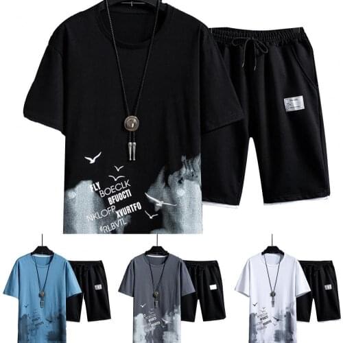 Men Birds Printed Short Sleeve O-Neck T-shirt Drawstring Shorts Sports Suit Sportswear Set Activewear for Daily Wear