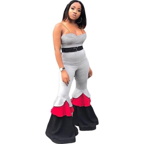 Sexy Spaghetti Strap Strapless Bodycon Jumpsuits Women Overalls Stretch Backless Romper Wide Leg Ruffles Flare Pants Plus Size