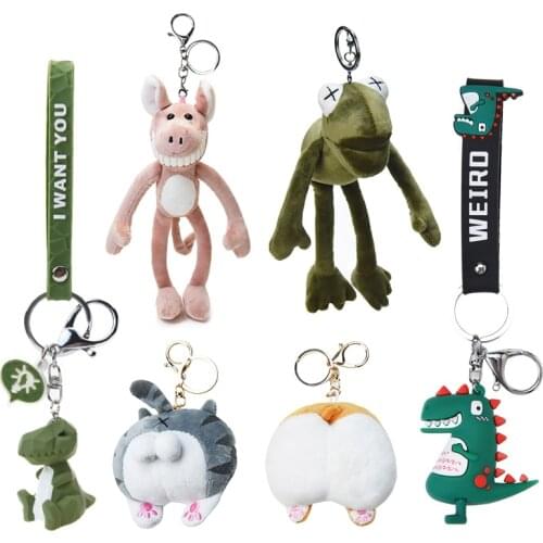 Cute Cartoon Animal Plush Toy Keychain Backpack Keychain Long Leg Frog Cat Butt Dinosaur Lion Fox Shark Bread Dog Gift To Friend