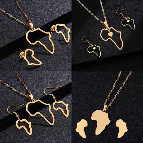 SONYA Africa Map Sets Pendant Necklace and Earrings Stainless Steel Gold Color African Maps Jewelry Set for Women Gitls