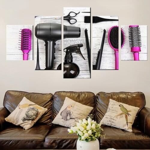 Modern canvas painting 5 pieces hairdressing tools scissors comb painting print barber shop beauty salon wall art poster