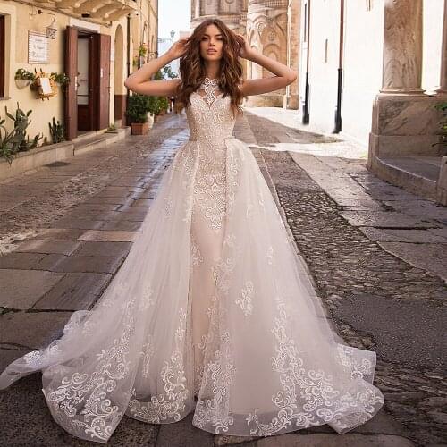 Wuzhiyi Mermaid wedding dress lace Appliques dress detachable vestidos heigh qualtiy robe de soirée de mariage illustion back