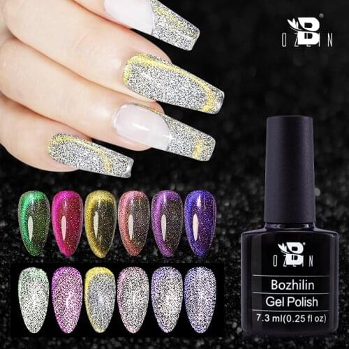 BOZLIN Disco Reflectiv Glitter Gel Nail Polish 7.3ML Rainbow Cat Eye Gel Soak Off Magnetic UV Gel Auroras Laser Nail Art Base
