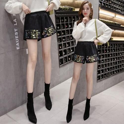 TingYiLi Sequins Winter Shorts High Waist Casual Shorts Women Black Shorts