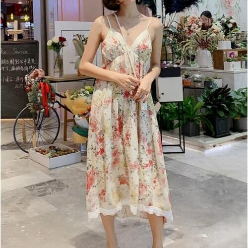 2020 Spring New Women Floral Dress V-neck Spaghetti Strap Backless Prairie Chic Lace Dress Sweet Summer Boho Dress Vestidos