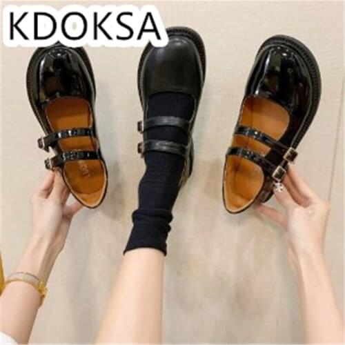 Spring 2021 New Womens Shoe Single Toe Layer Cowhide Round Head Marjane Shoe Student Youth Shallow Mouth