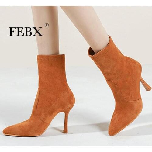 Women Ankle Boot With Plush Thin High Heel Flock Pointed Toe Ladies Socks Boot Slip On Solid Elegant Fashion Female Footwear New