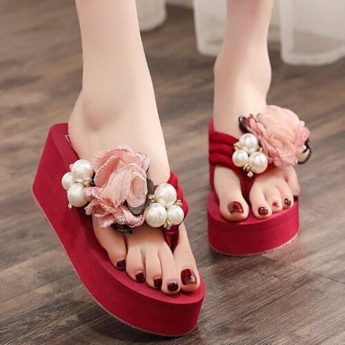 Ladies' New Summer Hot Style Pearl Korean Style Slope with Flip Flops Thick-soled Non-slip Beach Shoes Sandals