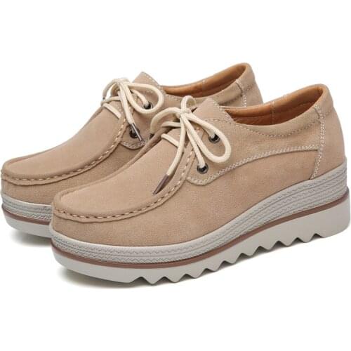 2020 Autumn women flats thick soled leather suede platform sneakers shoes female casual shoes lace up flats creepers