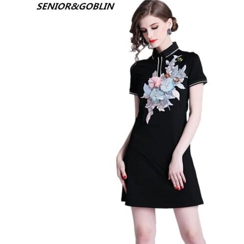 2019 High Quality Summer Fashion Short Sleeve Mini Dress Women Elegant Black Solid Floral Embroidery Casual Retro Dress S-XXL