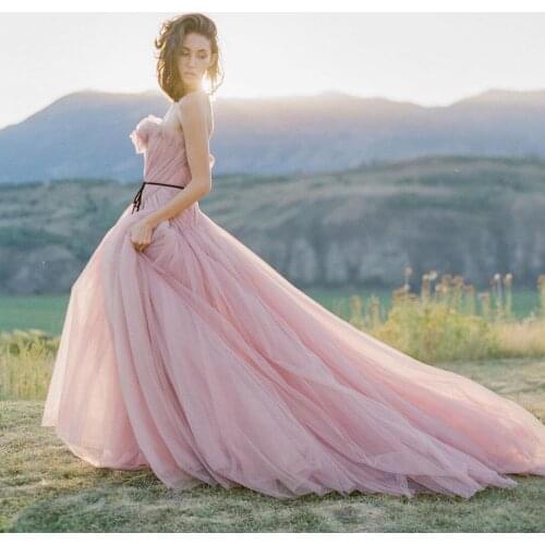 Pink Elegant Classic Women Dress A-line Floor Length Party Dress Ribbon Trim Tulle Strapless Plus Size Prom Dress Custom Made