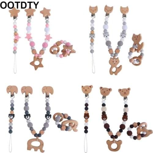 1-3Pcs/Set Baby Stroller Hanging Clip Pendant Mobile Rattle Dummy Holder Pacifier Chain Wooden Ring Bracelet Teether Toy