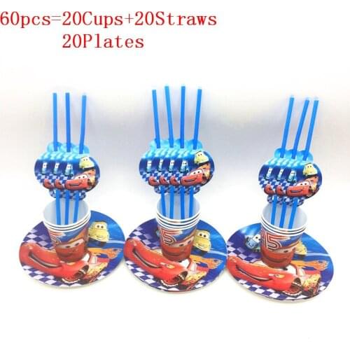 30Pcs/60Pcs Disney Cars Lightning McQueen Disposable Tableware Frozen Party Cup Plate Supplies Decorations Straws Party Supply