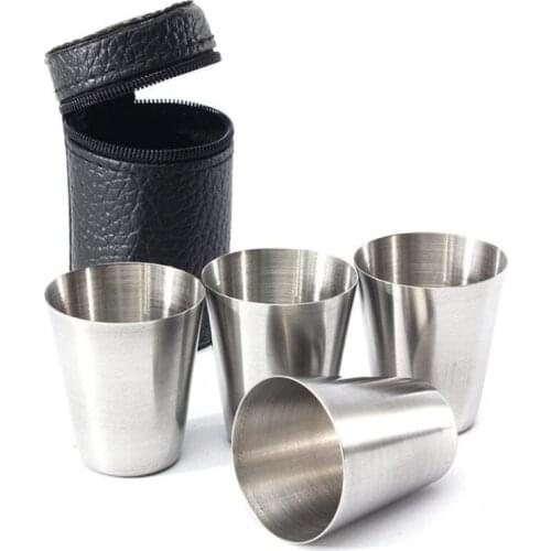 4Pcs/Set 30ML Stainless Steel Polished Wine Drinking Shot Glasses Cup With Leather Cover Case Bag Barware For Home Kitchen Bar
