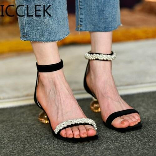 Sandals for Women 2020 Black French Beaded Sandals with High Heels for Ladies Sandalias Zapatos Para Mujer