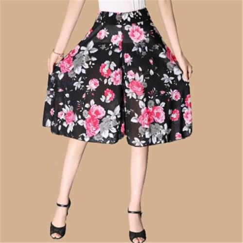 Summer Women Casual Loose Chiffon Elastic Waist Wide Leg Knee Length Skirt Pants Female Lady High Waist Middle Age Mother Pants