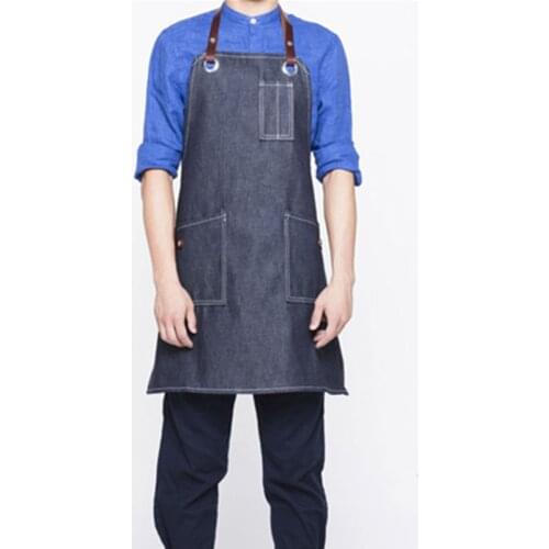 Black Denim Bib Apron Leather Straps Barber Barista Florist Cafe Bar Chef Uniform Tattoo Artist Carpenter Painter Work Wear K31