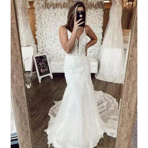 Long V-Neck Mermaid Lace Wedding Dresses Custom Ivory Sweep Train Floor Length Zipper Back Bridal Gowns for Women