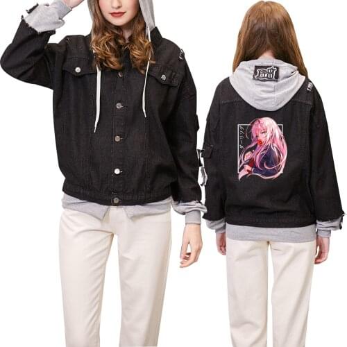 Zero Two Denim Jacket Anime Cosplay Darling In The Franxx Unisex Oversized Hoodies Hooded Button-up Black Streetwear Sweatshirts