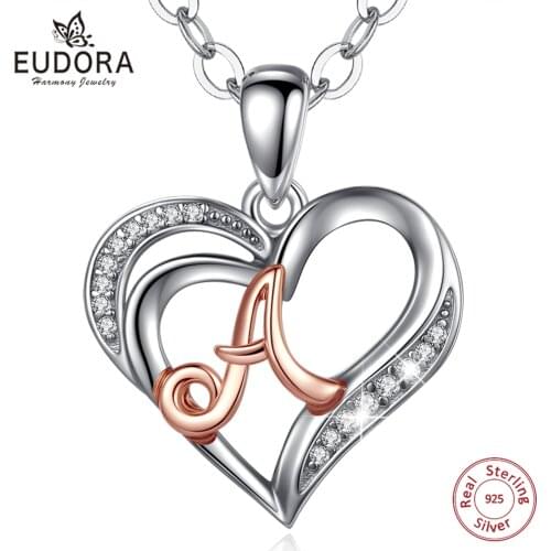 Eudora Real 925 Sterling Silver Letter A Rose Gold heart Pendant Neckalce Women Fashion Sliver Jewelry for Birthday Gift Box 663