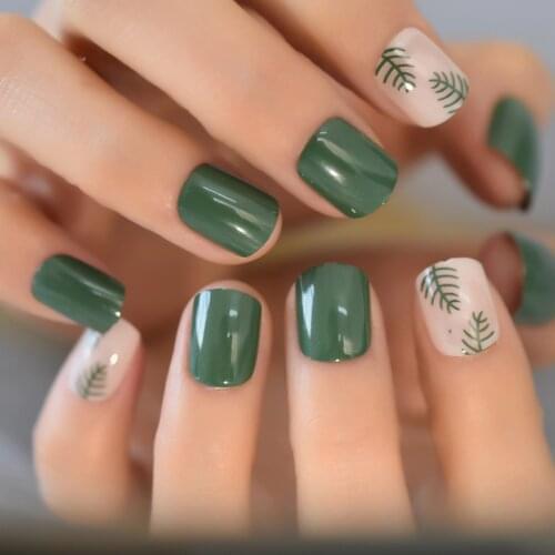 Square nails green glass design medium-Short supplies for professionals full cover fingernails tip nails art echiq set charms