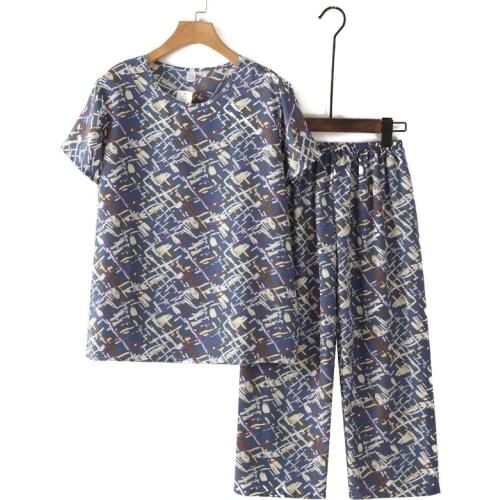 Summer Cotton Printed Home Womens Short-Sleeved Nightie Woman 2 Pieces Colorful Mother Thin Sleepwear Short-sleeved Pajamas 4XL