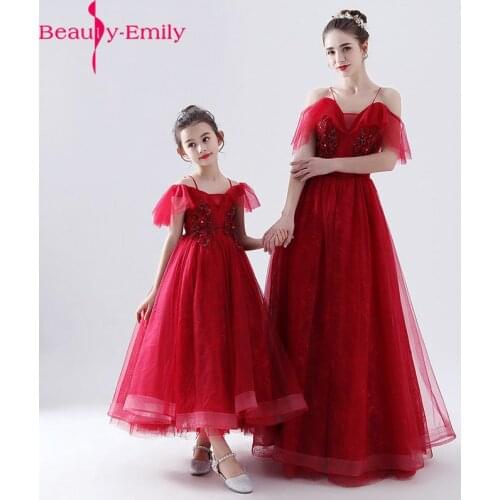 Cute Spaghetti Strap Flower Girl Dress 2020 New Arrival Red Tulle Sleeveless Pageant Dresses for Girls Parent-child Dresses