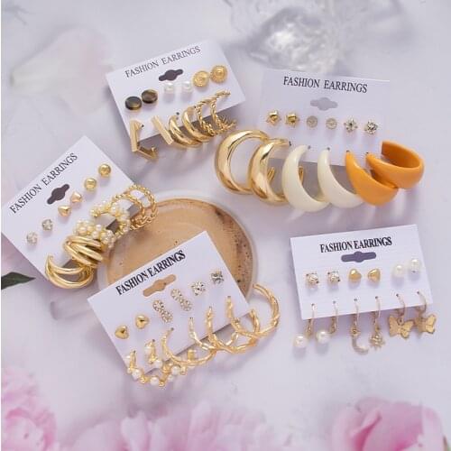 6Pair/set Trendy Simple Big Circle Gold Color Geometric Hoop Earrings Set For Women Female Simulated Pearl Earings Jewelry Gifts