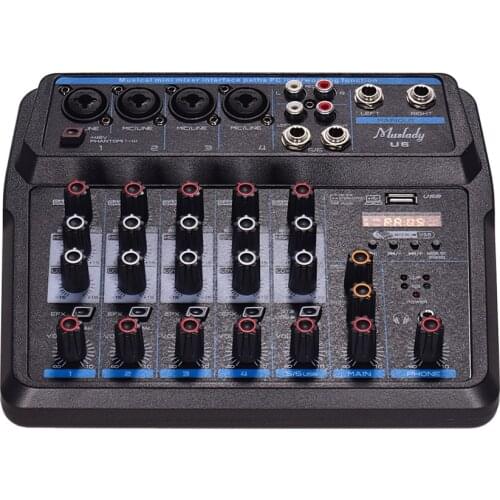Muslady U6 Musical Mini Mixer 6 Channels Audio Mixers BT USB Mixing Console with Sound Card Built-in 48V Phantom Power