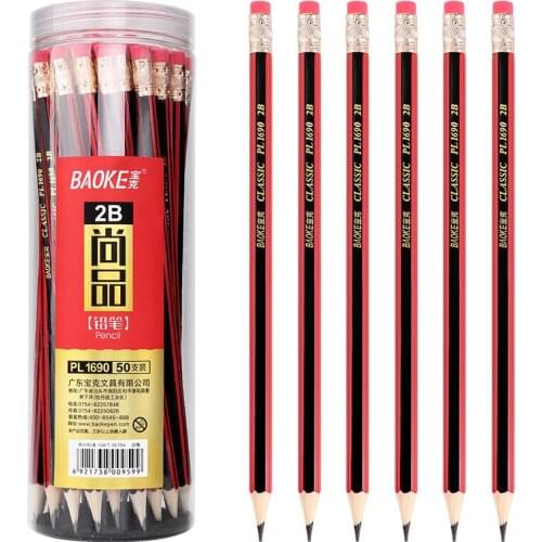 A Box of 50 Baoke PL1690 Pupils' Pencils Non-toxic 2B with Eraser Head Book Writing Art Painting Sketch Log Pencil Set