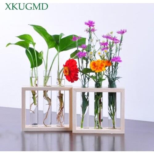 Wall Hanging Crystal Glass Test Tube Vase In Wooden Stand for Flowers Plants Home Garden Cafe Bar Desktop Decoration Flower Pot