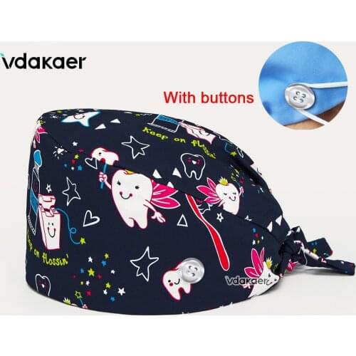 New Tooth Dentist Scrub Caps Dental Print Scrubs Hat 100% Cotton Women Men Dust Proof Vet Working Hats nursing hat