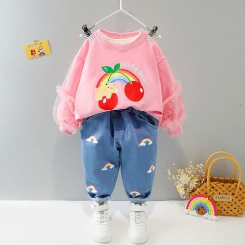 Girls autumn cartoon suit new childrens trendy sweater long-sleeved jeans two-piece baby girl clothes childrens clothing whole