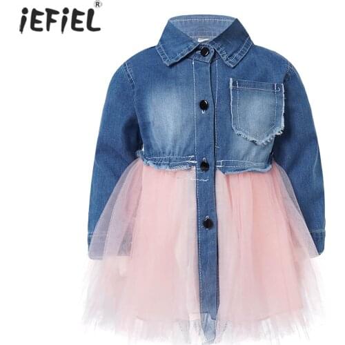 Toddler Baby Girl Dress Long Sleeves Patchwork Newborn Dresses for Baby Girl Clothes Denim Bow Princess Dress Tulle Mesh Dresses