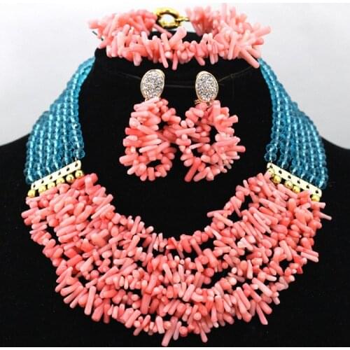 Pretty 6 Layer Peach Coral Beaded African Jewelry Set Sky Blue Crystal Costume Gift Jewelry Set Chunky Free Shipping CNR436