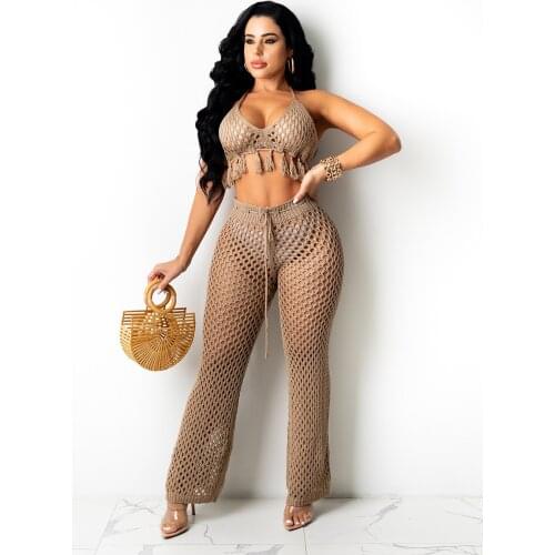 Sexy Women Knitted Set Two Pieces Set Halter Backless Bra Top Sashes Pants Crocheted 2 Pieces Set Hollow Out Crochet Beach Set