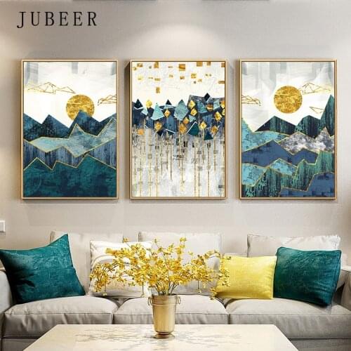 Nordic Abstract Geometric Mountain Landscape Wall Art Canvas Painting Golden Sun Art Poster Print Wall Picture for Living Room