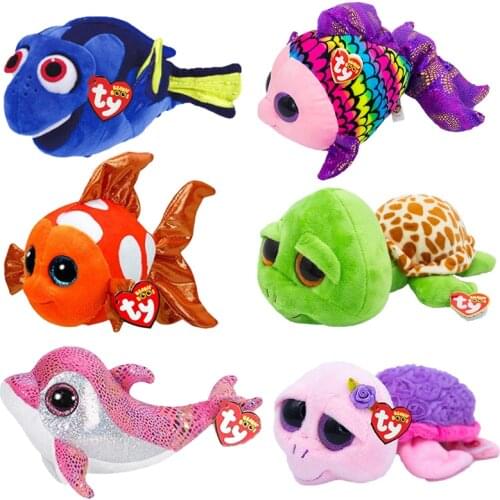 Ty Beanie Boos Big Eyes Fishes Turtles Marine Animals Series Cute Plush Toys 6" 15 cm Soft Baby Doll Boys and Girls Xmas Gifts