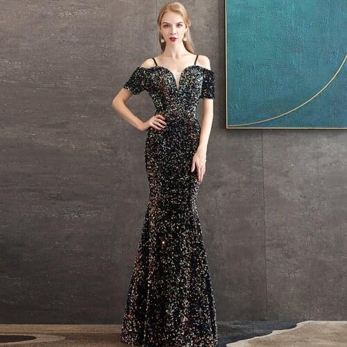 2020 New The Fashion Mermaid Formal Evening Dresses Robe De Soiree Luxury Sequin Off The Shoulder Banquet Prom Gown Host Dress