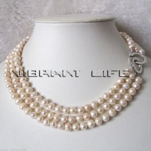 Jewelry Free Shipping 17-19" 6-8mm 3Row White Freshwater Pearl Necklace Natural Color